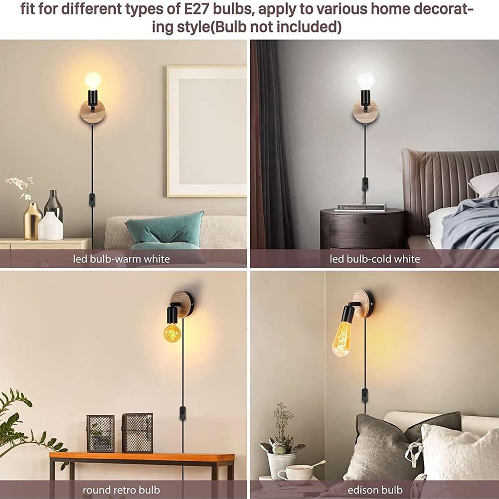 ZBZFGE Vintage Wandlampe Innen mit Schalter und Stecker Wandleuchte 360°+90° drehbar Holz Wandstrahler Schwarz Retro Industrie Wandbeleuchtung Metall für Schlafzimmer Wohnzimmer Treppenhaus