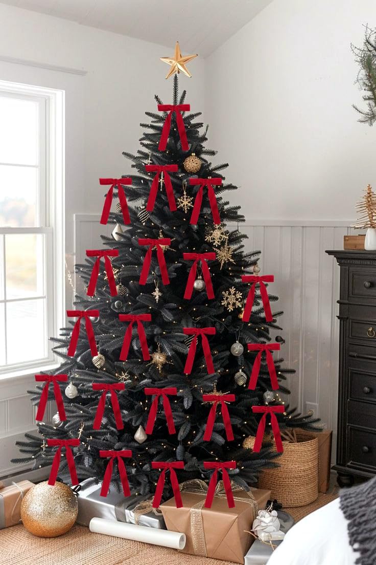 SIMISI RIBBON 24 Pcs Red Velvet Bows Christmas Tree Ornaments Vintage Ribbon Bow for Tree Garland Wreath Rustic Crafts Gift Indoor Outdoor Xmas Decorations - Image 3