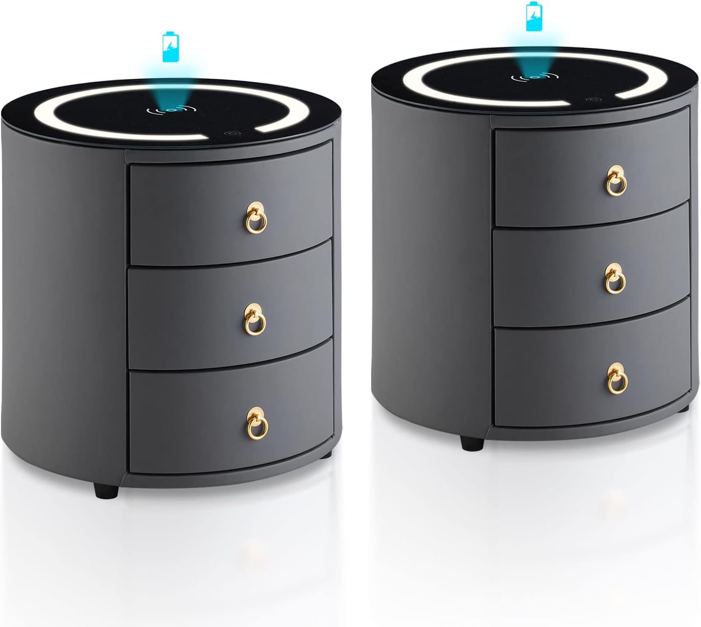 TUKAILAi Luxurious Round Bedside Table Set of 2 with Wireless Charging Faux Leather Covered Nightstand with 3 Solid Wood Drawers Bedroom Cabinet with LED Light for Home Bedroom