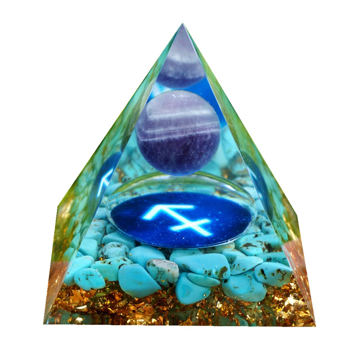 BesorgoneOrgone Pyramid Zodiac Sagittarius Crystal Healing Stone Amethyst Sphere with Turquoise for Positive Energy Chakra Reiki Protection Orgonite Pryamids Meditation Gift