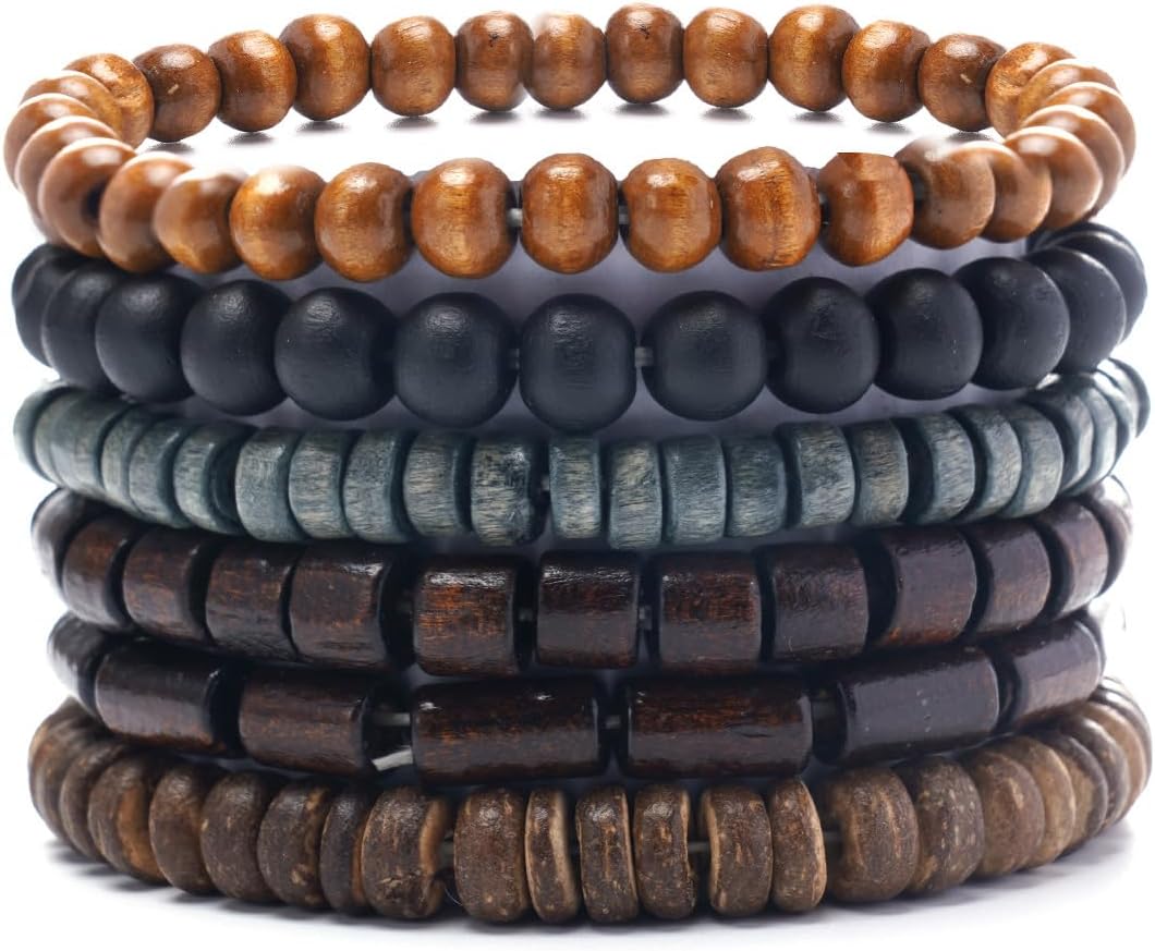 5pcs Wooden Bead Bracelet Set with Charm and Tassel for Men & Women - Stackable Boho Bracelets, Amber Color Scheme Adjustable Bracelet