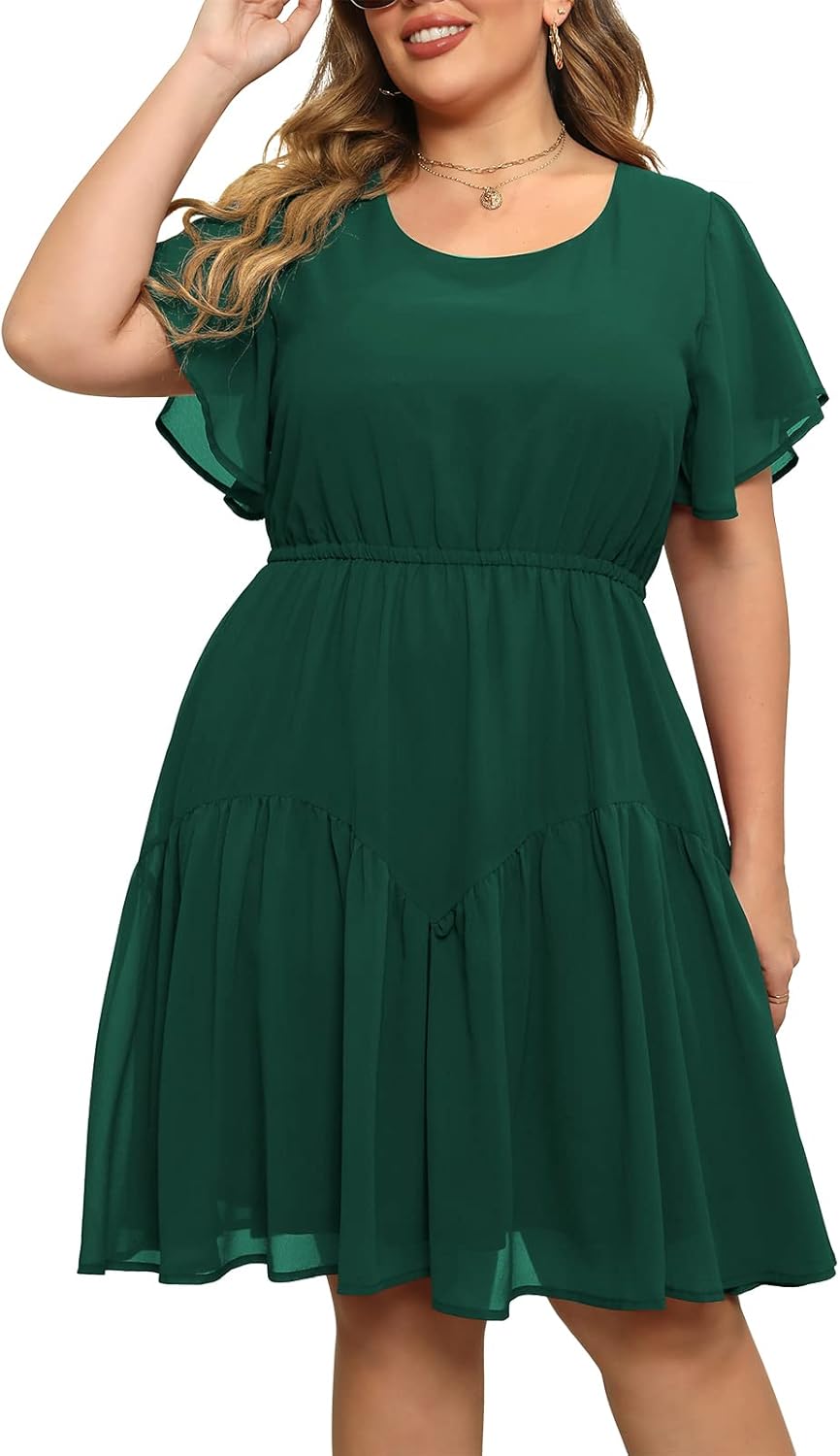 Nemidor Plus Size Summer Dresses for Curvy Women Casual Boho Midi Chiffon Print Floral Dress with Ruffle Sleeve 14-26