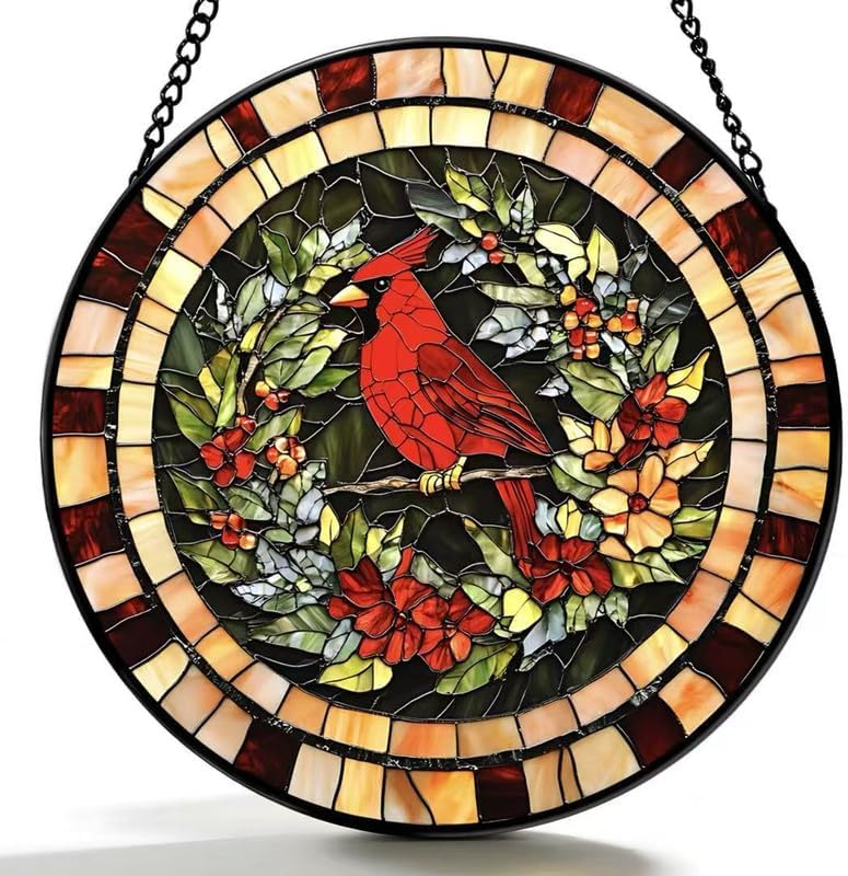 Red Cardinal Stained Glass Window Hanging Suncatcher, Round Bird Art with Floral Wreath, Decorative Window Ornament for Home, Garden & Memorial Gifts