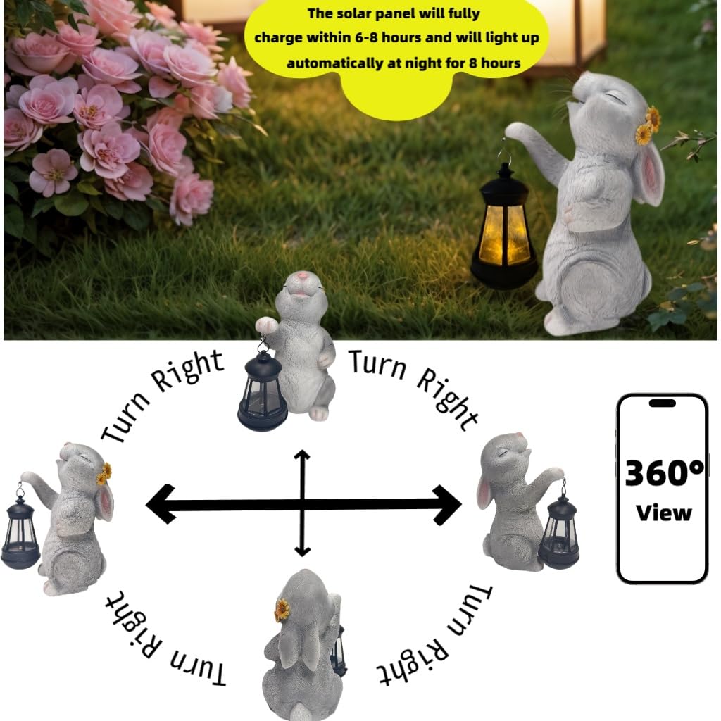 Estatua solar de conejo de jardín con luz LED, decoraciones de Pascua al aire libre para el hogar, patio, césped y patio, figura de resina impermeable, regalo para mamá, Navidad, Día de la
