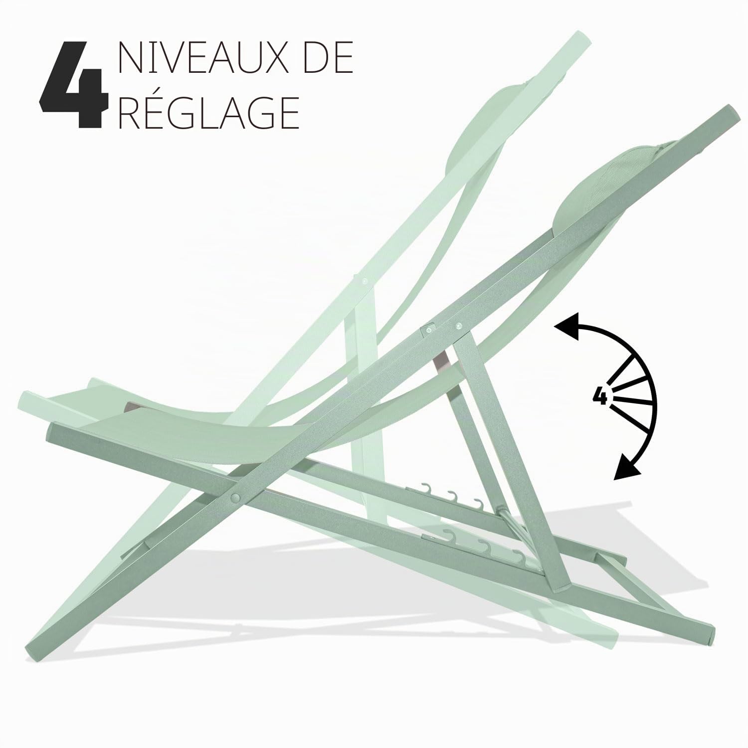 FRANKYSTAR Mezzaluna Lot de 2 chaises longues pliantes en aluminium et textilène Chaise longue design avec dossier réglable en 4 positions vert