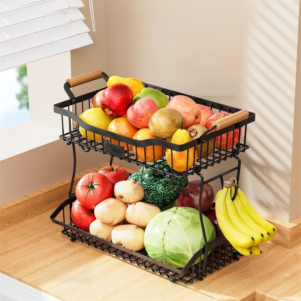 Cesta de frutas de metal de 2 niveles con gancho para plátano, estante para encimera de cocina, diseño negro, 41 x 24 x 32 cm