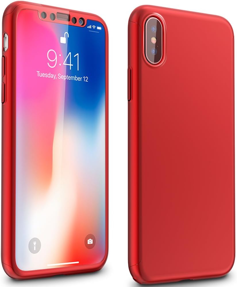HOOGOOD iPhone X / 10 Case, Ultra Light Slim PC Material iPhone 10 Cover with 360 Degree All-inclusive, Fully Protective Phone Shell for 5.8 Inches Apple iPhone X, Bonus a Screen Protector (Red)