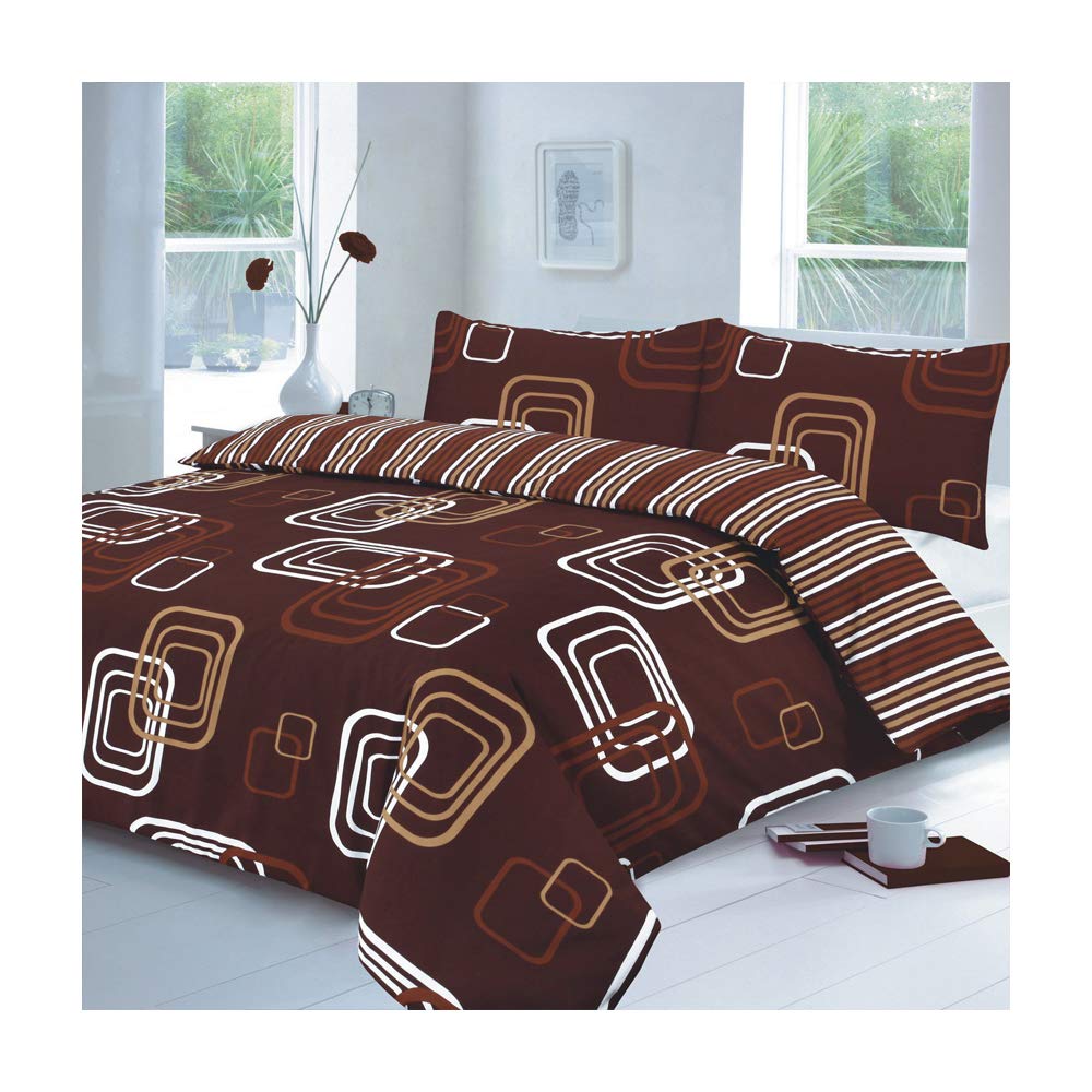 De Lavish Blake Chocolate Duvet Cover Set Double With Pillowcases Quilt Reversible Poly Cotton,