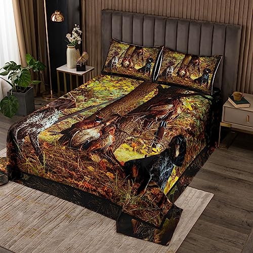 Erosebridal Pheasant Hunting Quilt Set Queen Size Black Dog Bedspread Set Boho Farmhouse Wild Animals Coverlet Set Woodland Leaves Hunter Gun Room Decor Bed Set for Men Boys Adults Kid