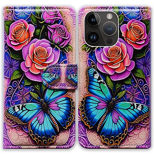 Bcov iPhone 15 Pro Max Case,Blue Butterfly Flowers Rose Leather Flip Phone Case Wallet Cover with Card Slot Holder Kickstand for iPhone 15 Pro Max