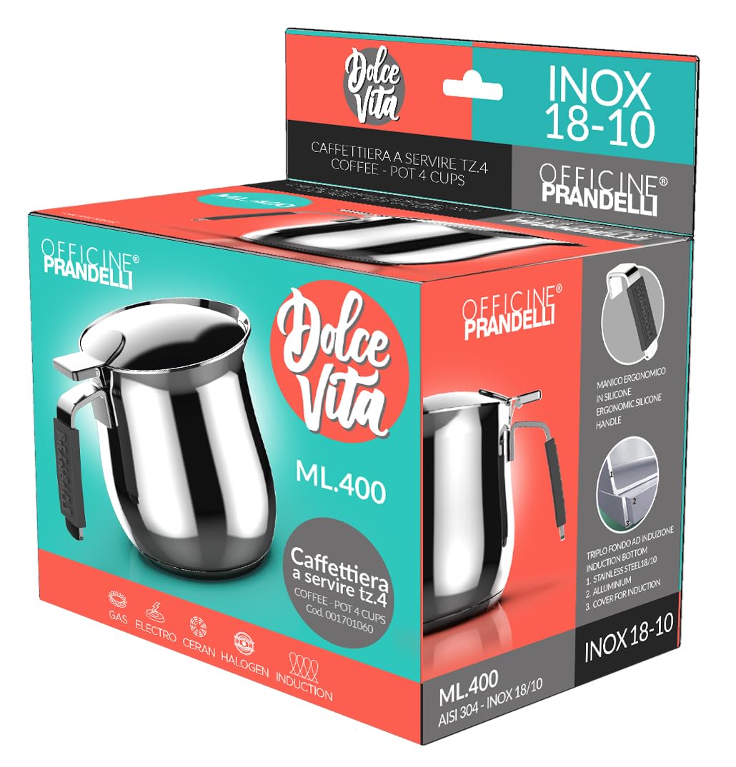 Lattiera Tazze 8, Linea Dolcevita, 700 ML, Acciaio Inox 18/10 ad induzione con manico in silicone antiscotto, Officine Prandelli