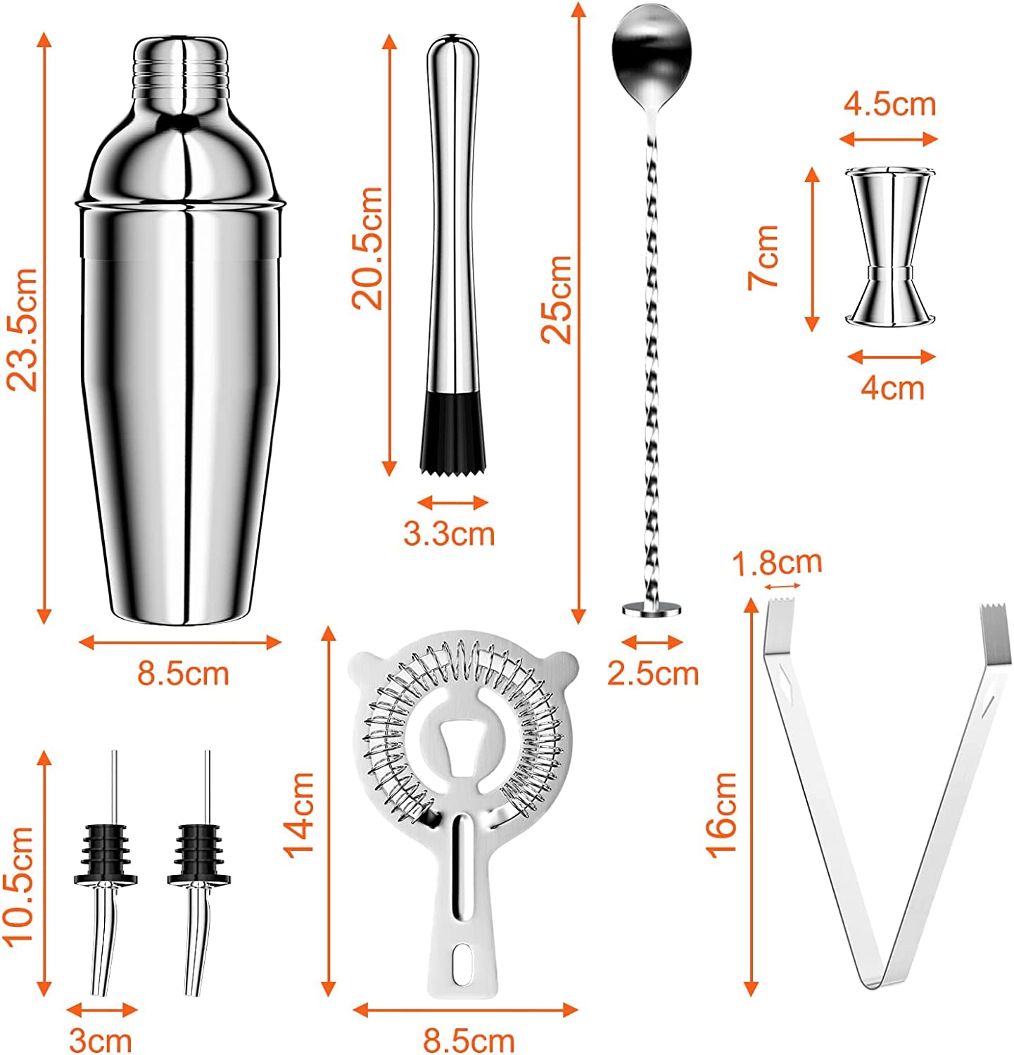 Gvolatee 750ML Coctelera, 8 Piezas Juego de Coctéles de Acero Inoxidable, Profesional Barman Herramientas con colador, medidor, Cuchara, vertedor, para Mezclar Bebidas, Barra,hogar, Fiestas (Plata)