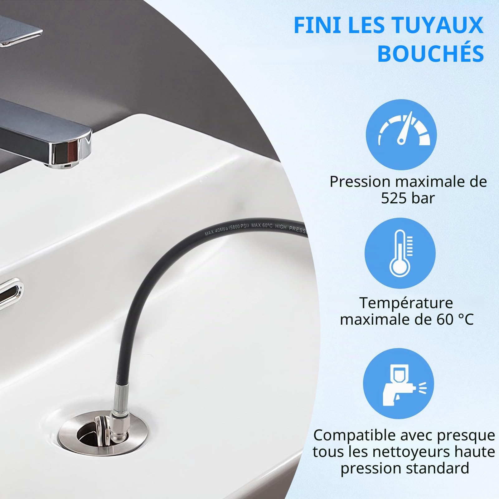 Furet Deboucheur Canalisation Haute Pression 30M,Tuyau Flexible 210 Bar 60°C,Avec Adaptateur,Buse Fixe/Rotative,Rallonge De Tuyau Pour Karcher Nettoyeur Compatible Avec Kärcher K2-K7 (30M)