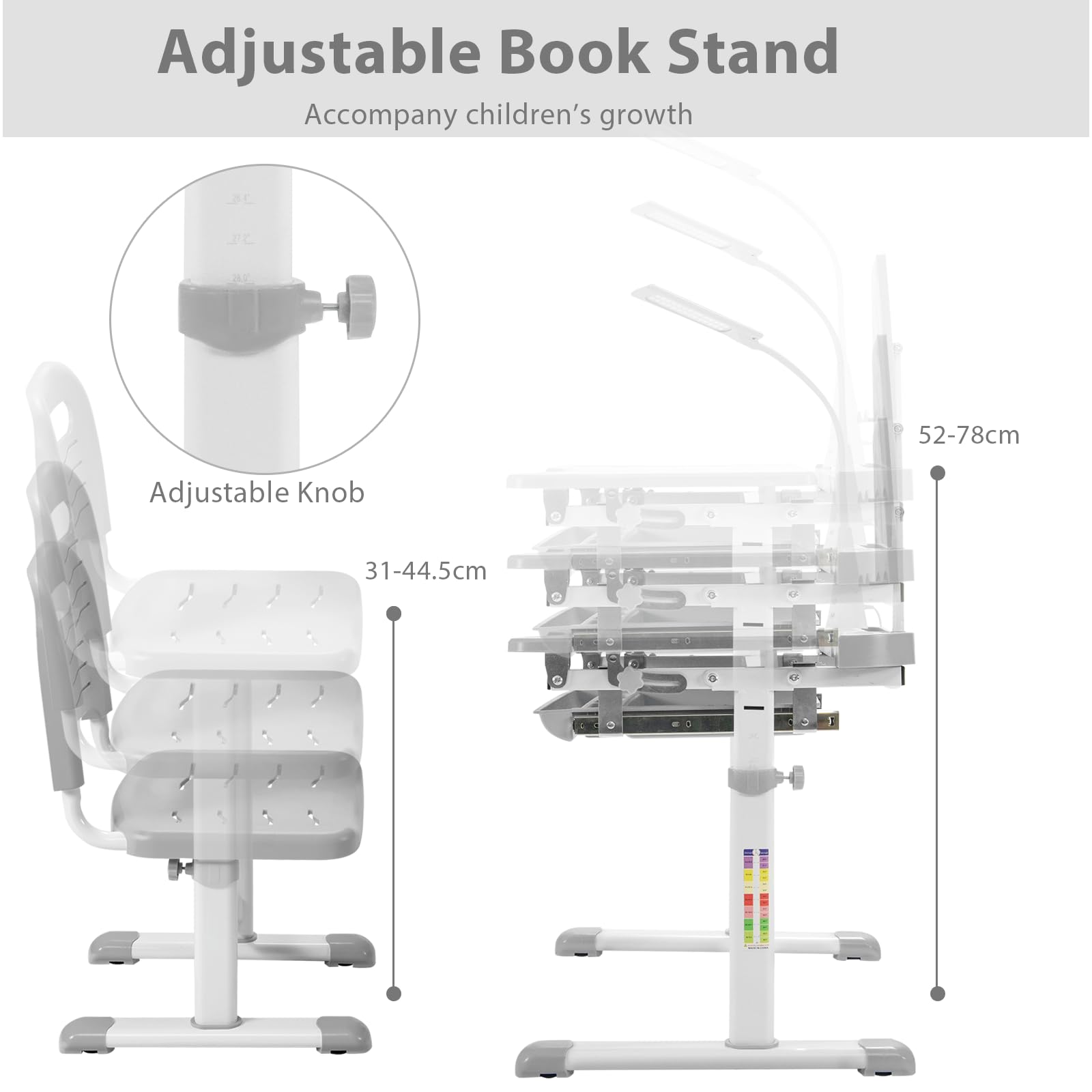 LIFEZEAL Bureau pour enfant réglable en hauteur avec chaise, bureau d'étudiant avec tiroir, support de livre et lampe de table, bureau pour lire, écrire et peindre (gris)