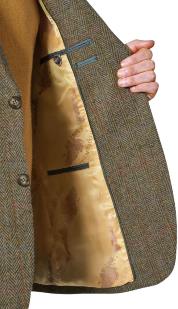 Brook Taverner Men's Stromay Harris Tweed® Wool Jacket Coat in Brown Tailored Long Sleeved Single Breasted Plaid Blazer