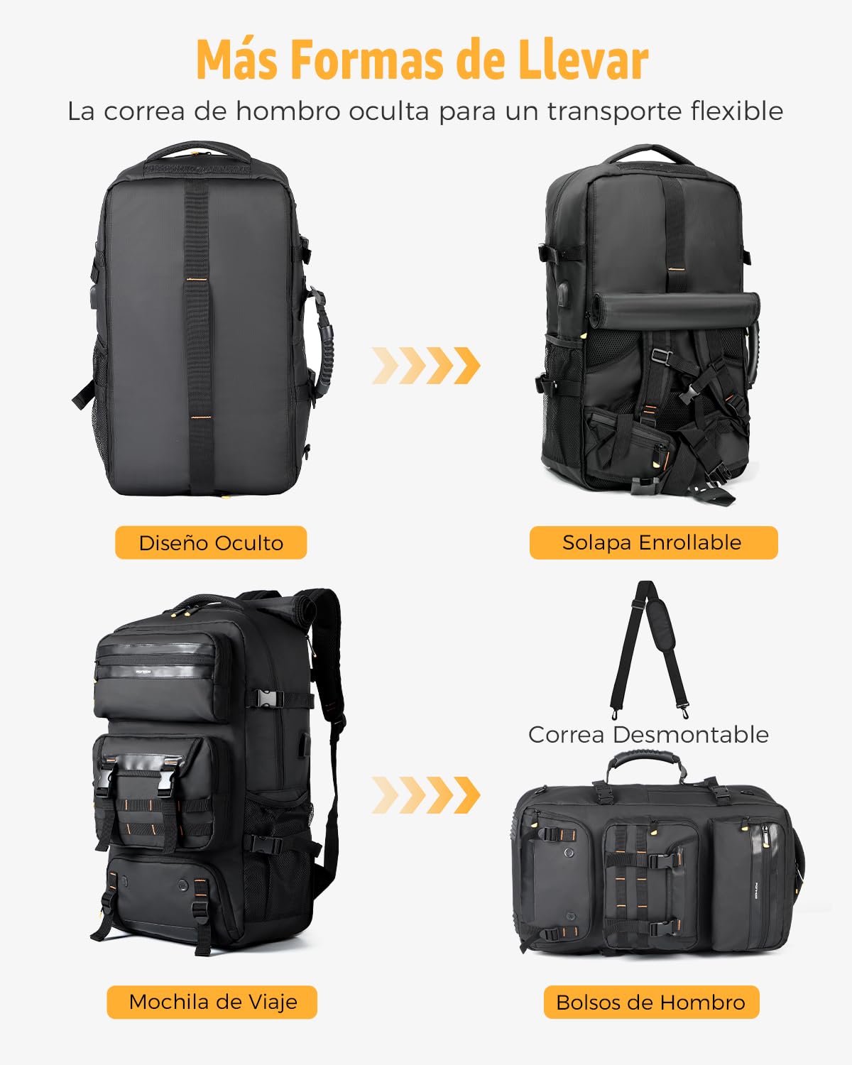 Ponhog Mochila de viaje para hombre, bolsa de lona convertible de 50 L con compartimento para zapatos, mochila de mano para laptop con puerto de carga USB, mochila de senderismo, gimnasio, mochila