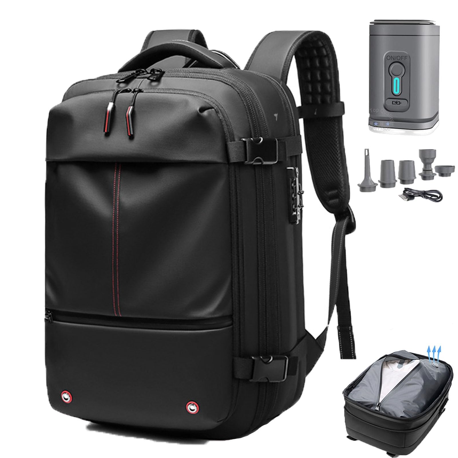 PGSLPH Vacpack Expandable 60L Vacuum Compression Bag, Black+Pump Waterproof and Anti-theft Travel Backpack