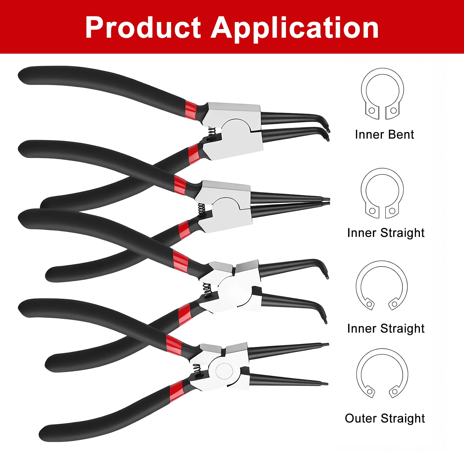4 Teiliges Sprengringzange Innen und Außen Sprengring Set mit Aufbewahrungstasche Sprengringzangen Set für Mechanik, Reparatur, Montage, Stahlzangen mit Rutschfestem Griff 170mm Schwarz