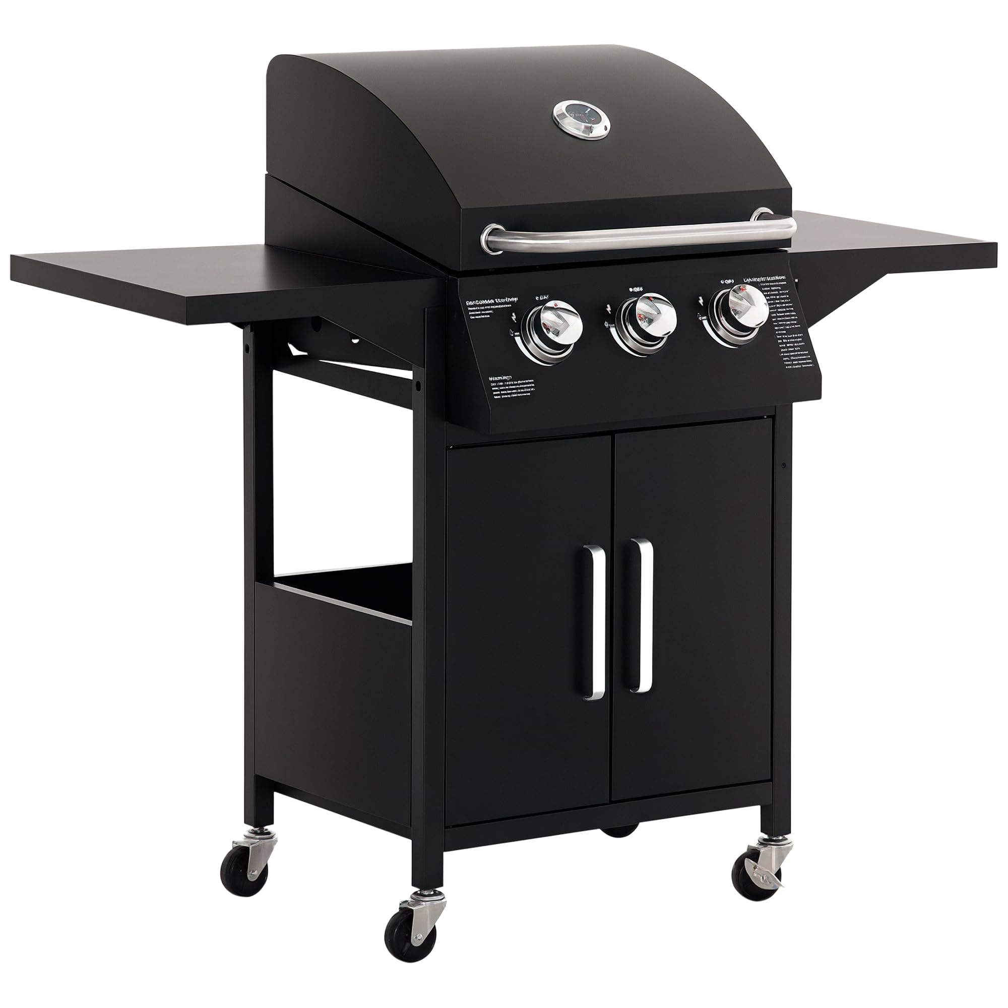 Outsunny 3 Burner Gas Grill Portable Barbecue Trolley With Side Shelves Black