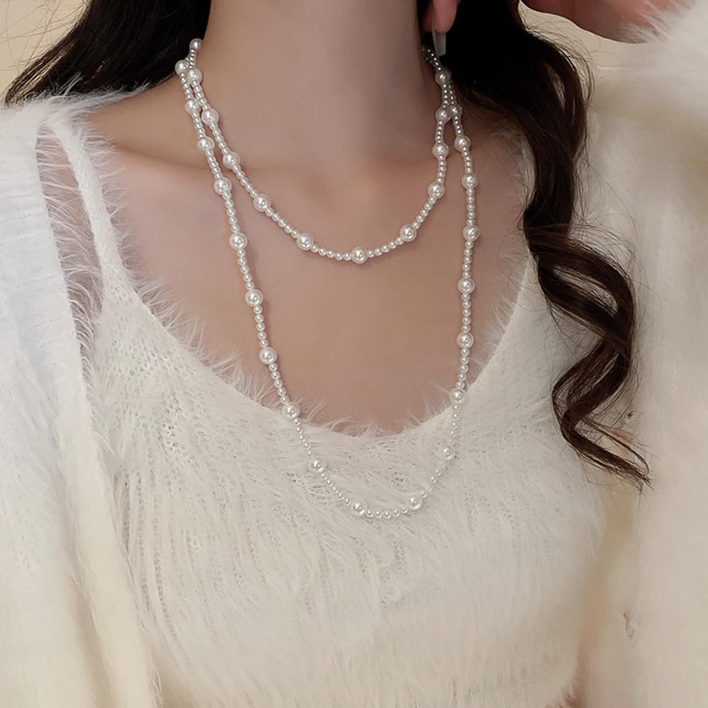 Jumwrit Vintage Layered Pearl Choker Necklace Dainty Chunky Station Chain Multi Strands Pearl Beaded Necklace Boho Party Long Pendant Necklace Statement 1920s Flapper Accessories for Women - Image 3