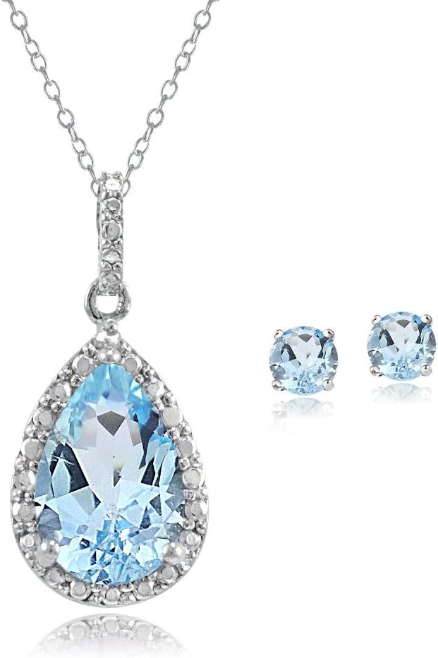 B. BRILLIANTSterling Silver Gemstone Teardrop Necklace & Stud Earrings Gift Jewelry Set for Women