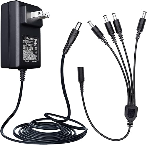 Adaptador de corriente CA 100-240V a CC 12V 2A (2000mA) y cable divisor de alimentación de 4 vías para cámaras de seguridad CCTV/DVR/NVR/Tira de