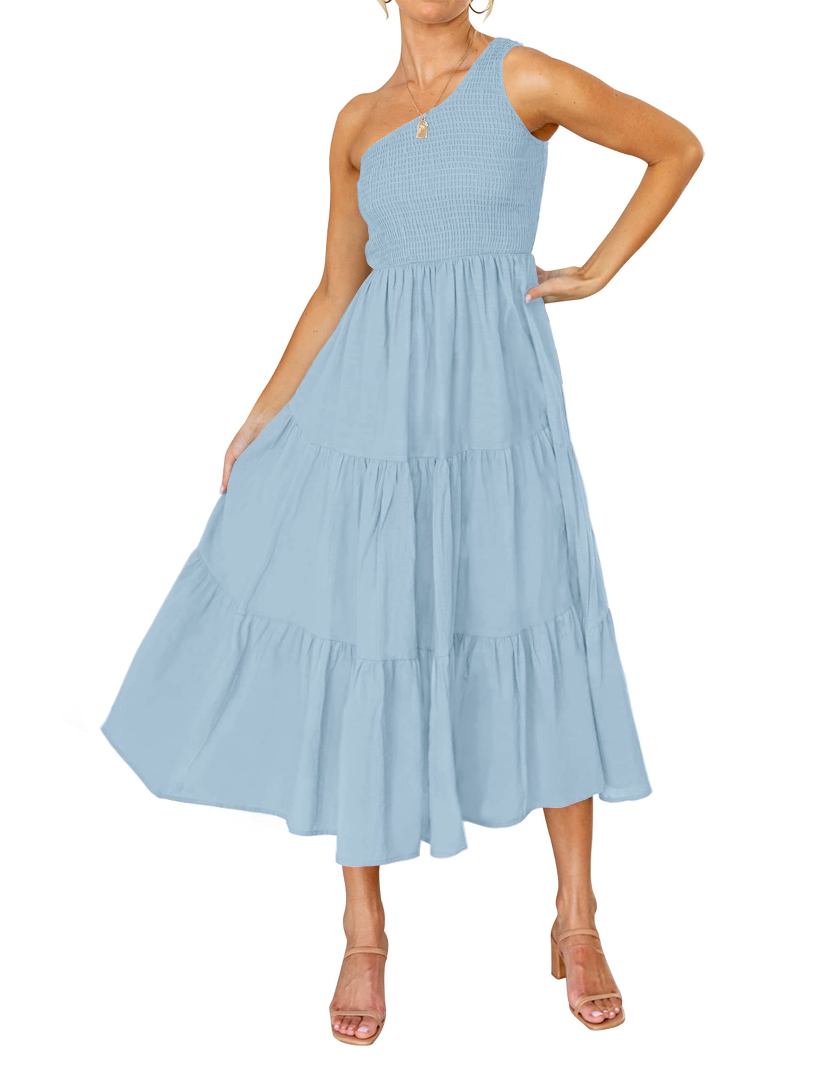 ZESICA Womens Summer Floral One Shoulder Midi Dresses | Sleeveless Long Dress, Ruffle Tiered, Fashion Smocked Dress, Boho, Smocked Bodice, Flowy A Line Dress, Beach Vacation Dress