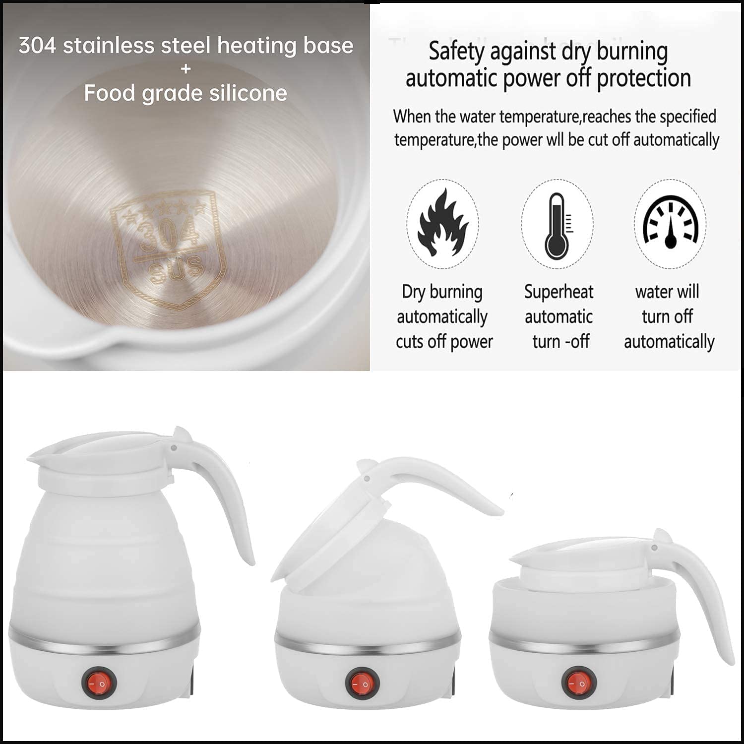 Hervidor eléctrico plegable, hervidor portátil de viaje de silicona de grado café té mini para hervir agua 600 ml caldera de calefacción de aislamiento tetera para acampar (blanco) práctico