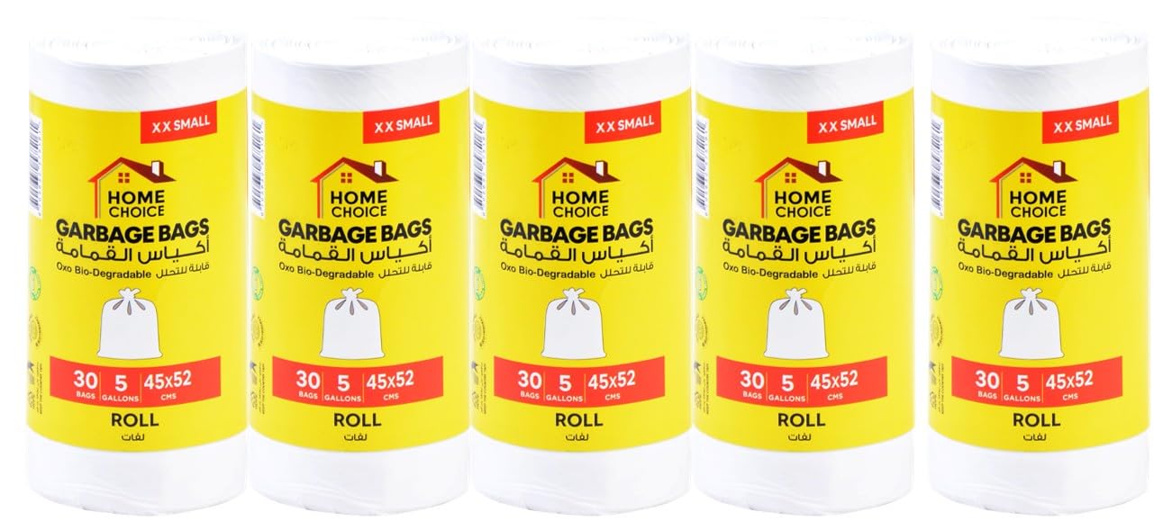 Home Choice Garbage Bags, 5 Gallons Pack of 5, White, 150 Bags, 45x52 cm, Bin Liner, Trash Bags, Waste Bags for Indoor and Outdoor Use