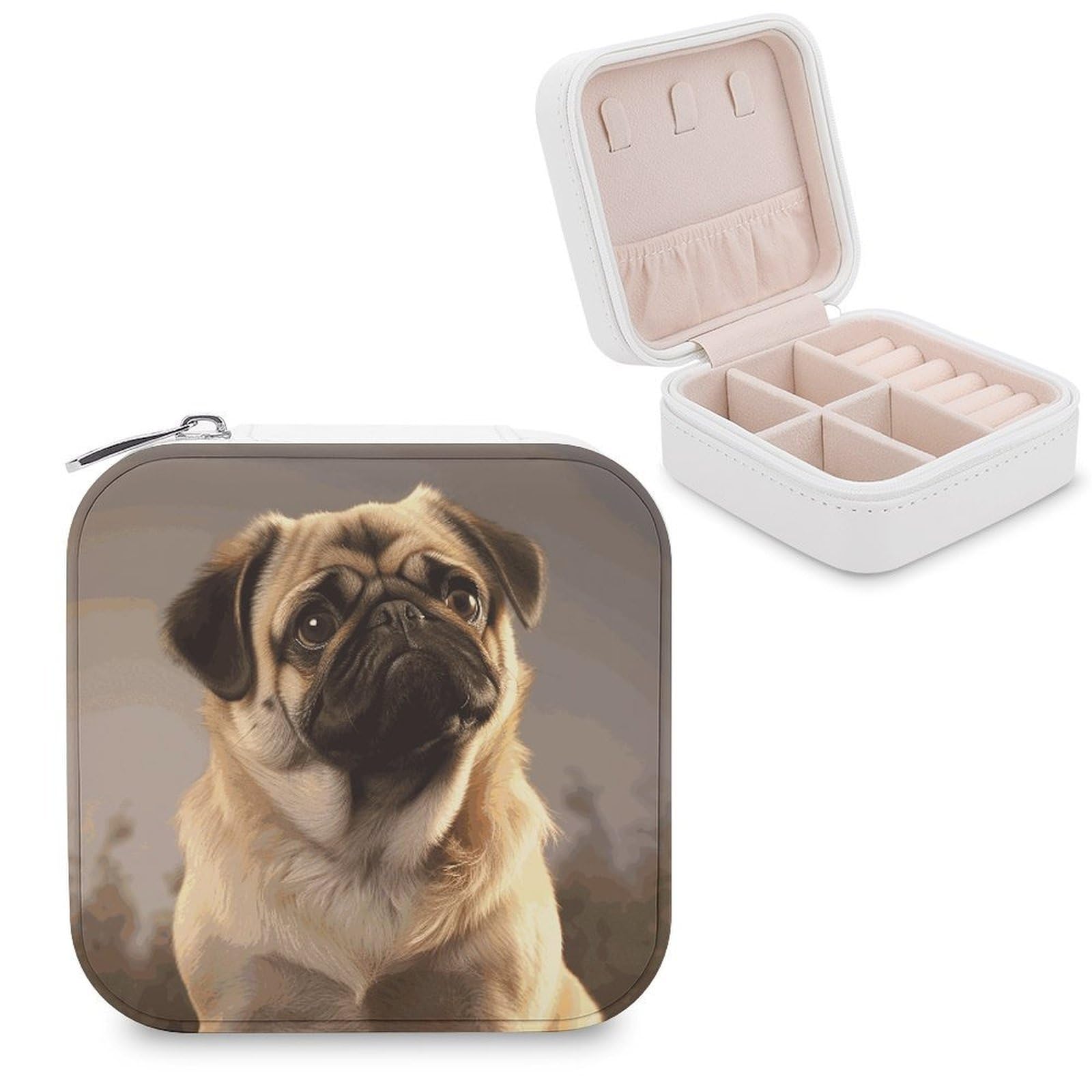 JTREHY Cute Pug Dog Jewelry Box Personalized PU Jewelry Box Exquisite Jewelrys Organizer Case Small Portable Jewellery Storage Holder for Rings Earrings Necklaces Gifts