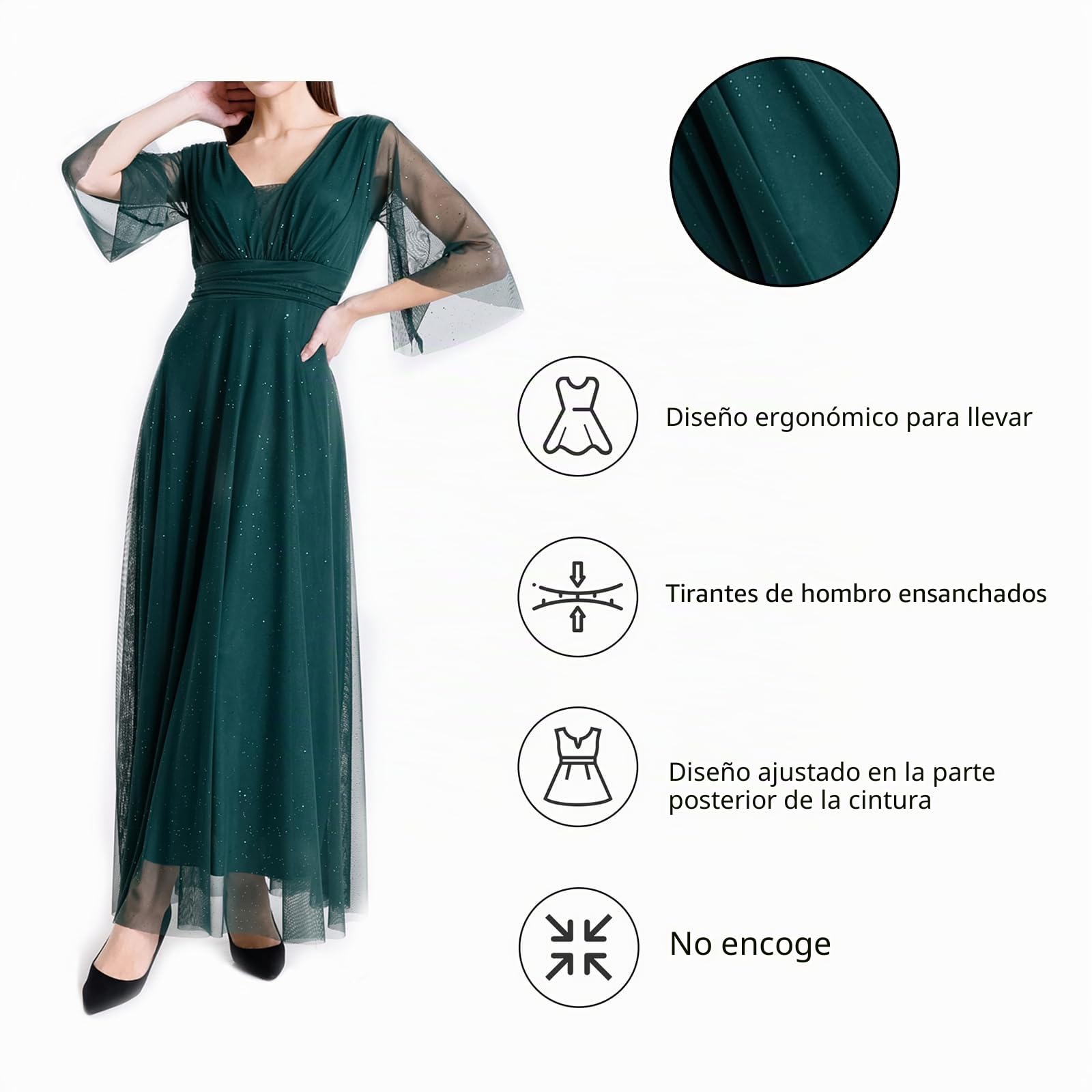 Vestido largo elegante para mujer, de ceremonia, mangas 3/4 y cuello en V, talla única ajustable, ideal para bodas, eventos y fiestas. Fabricado en Italia