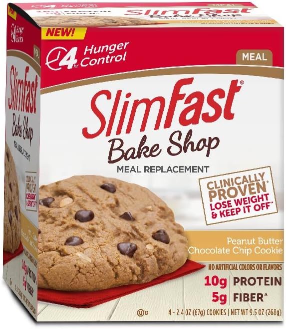 SlimFast Bakeshop Meal Replacement Bar - Peanut Butter Chocolate Chip Cookie - 10g Protein & 5g Fiber, 2.4 Oz, 4 Count