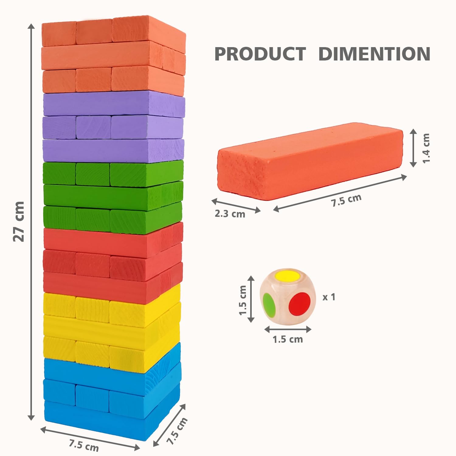 WUDLY® Colorful Wooden Stacking Tower Game for Kids & Adults - Montessori Tumbling Blocks with Dice - Educational Fun Toy for Family & Party (Color) - Image 3 thumbnail