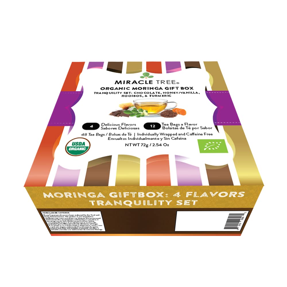 Miracle TreeGift Box with Organic Moringa Superfood Tea, 48 Individually Sealed Tea Bags (4 Flavors: Chocolate, Honey/Vanilla, Rooibos, Turmeric) - Tranquility Combo