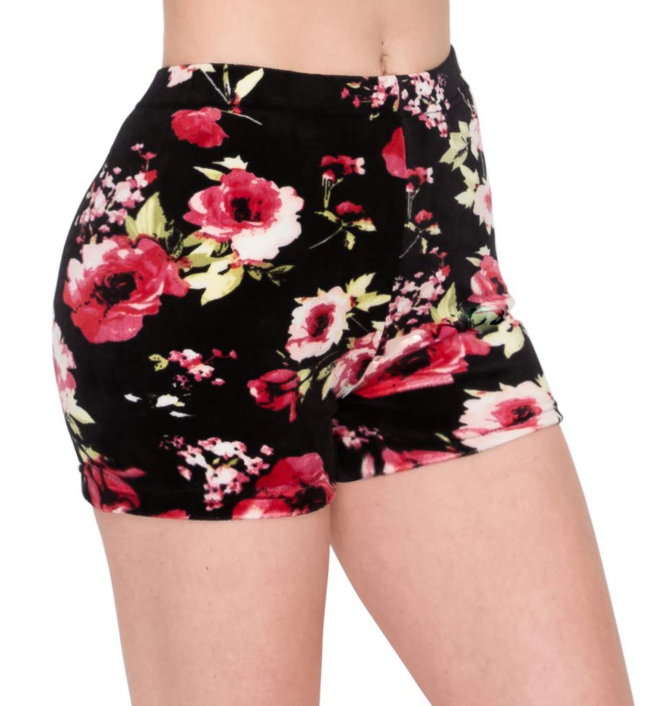 ALWAYS Women's Velvet Pajama Shorts - Premium Soft Fluffy Plush Sexy Lounge PJ Short Bottoms Pants Floral 1882 Black M
