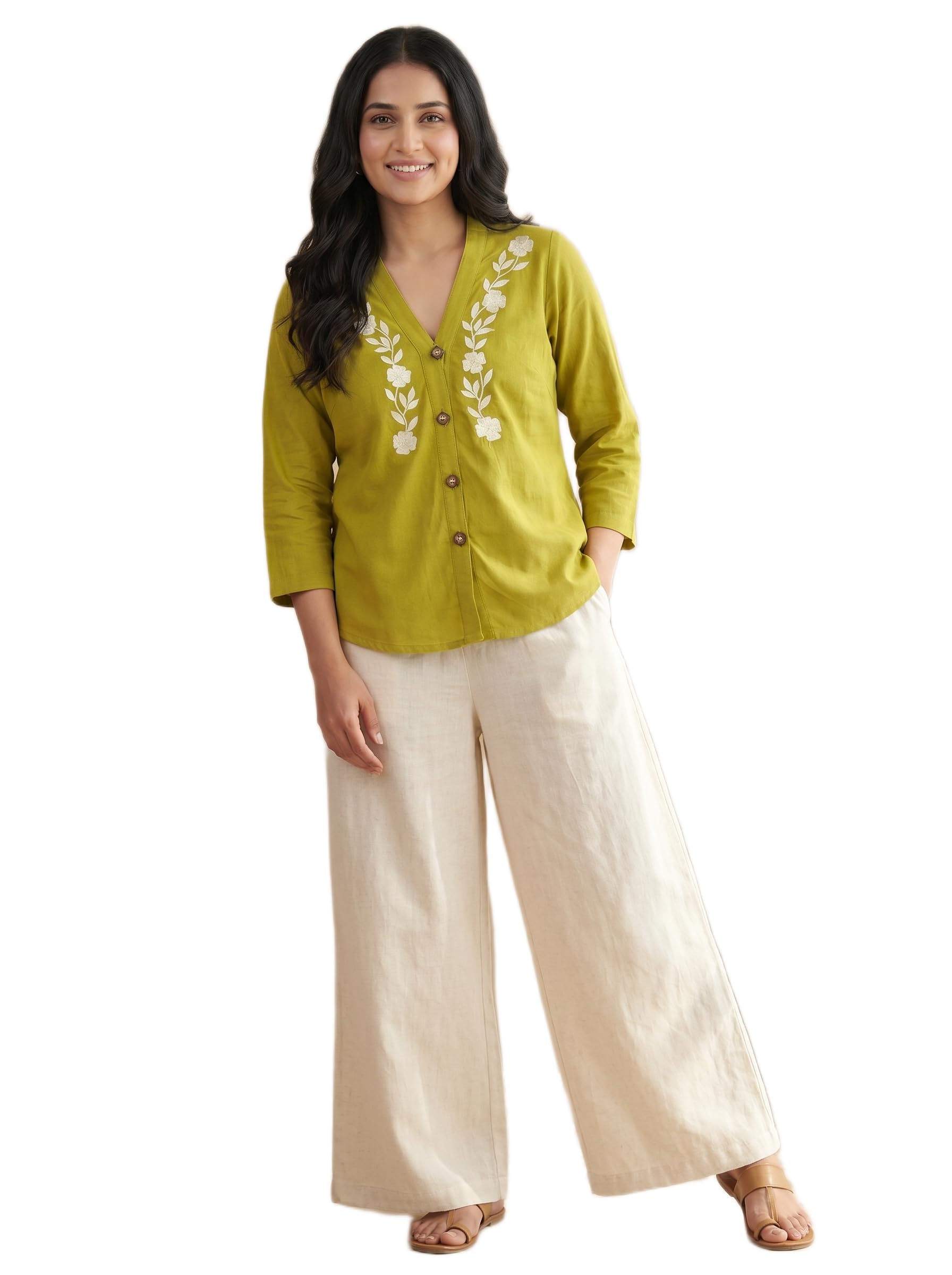 ZNKL Womens Khadi Cotton Fabric Solid Pattern A-Line Style V-Neck