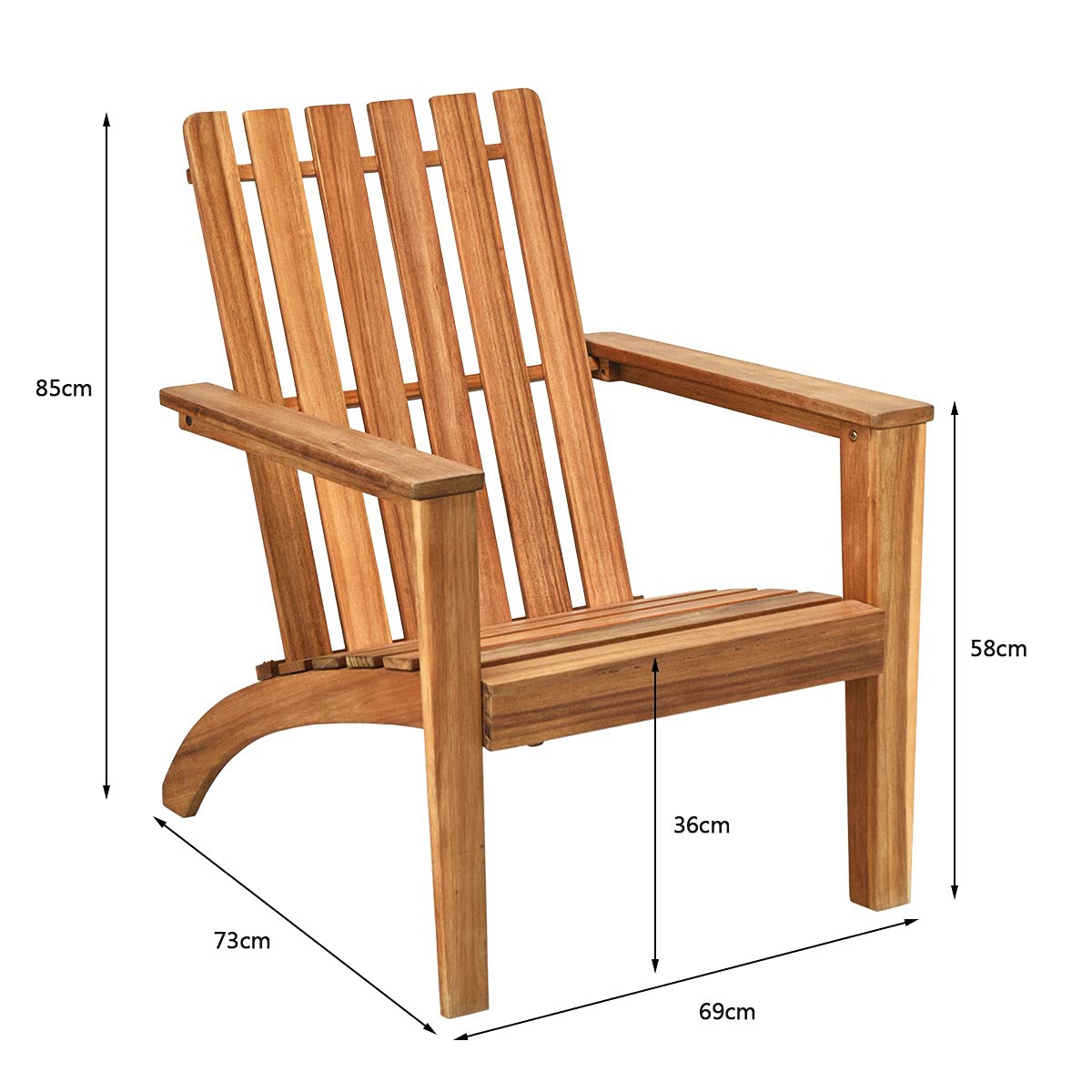 KOMFOTTEU Adirondack - Sedia da giardino in legno di acacia, con schienale e braccioli, ergonomica, da giardino fino a 160 kg, per balcone, giardino, spiaggia (naturale)