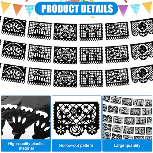 Image of VitalCozy 4 Pack 59 ft Mexican Papel Picado Banner Plastic Mexican Talavera Party Fiesta Banner Wedding Hanging Decorations for Cinco De Mayo Cielito Lindo Party Supplies(Black)