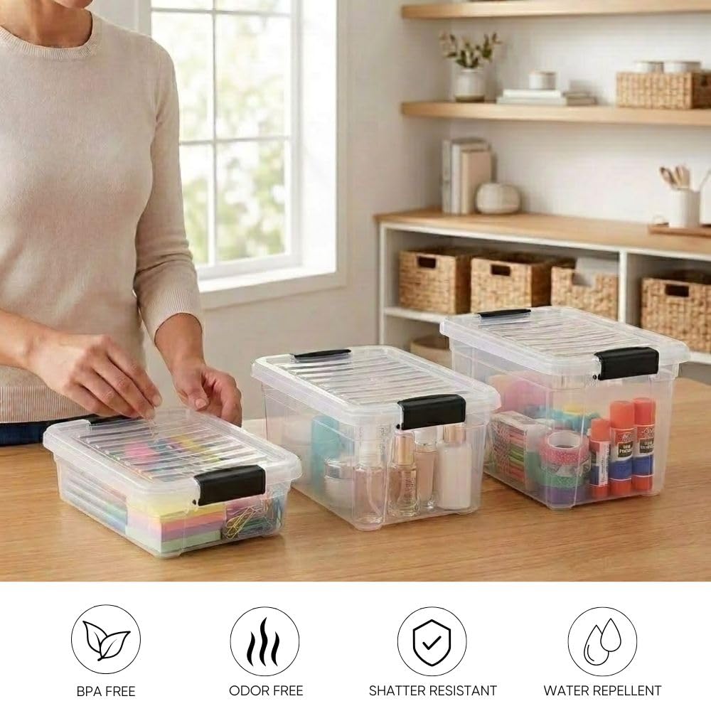 Superio Tiefer Aufbewahrungskorb mit Deckel, extra tief, kleine transparente Aufbewahrungsbox mit Riegel für Zuhause, Küche, Garage, Lebensmitteln, Zubehör und Haar-Accessoires (2.7 Liter)