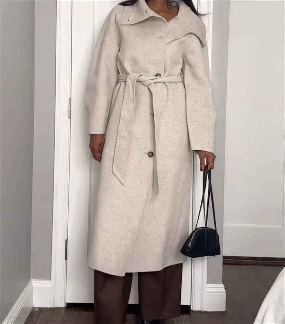 Abrigo largo de lana para mujer, con cinturón, cuello alto, manga larga, para oficina, otoño e invierno