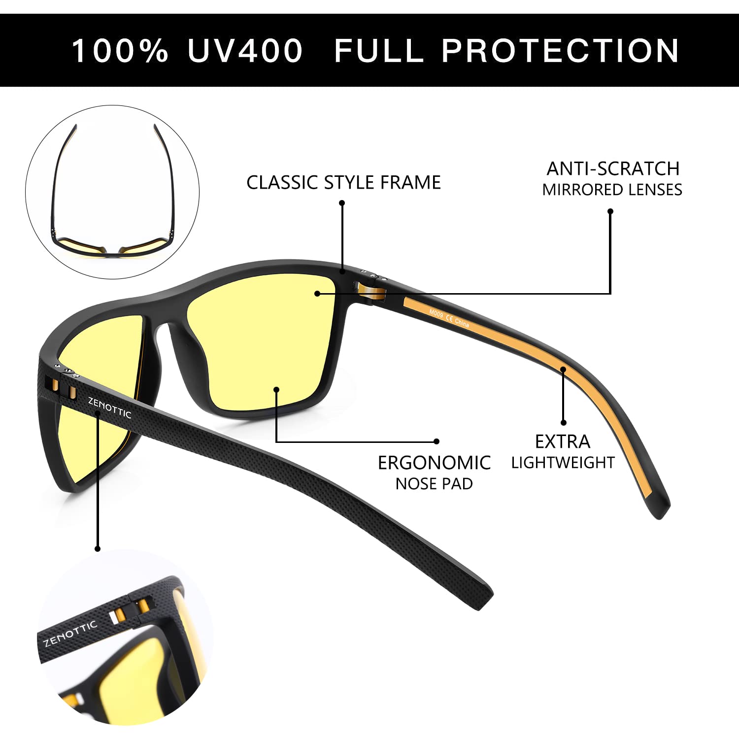 ZENOTTIC Occhiali da sole polarizzati uomo leggero TR90 montatura UV400 protezione occhiali da sole quadrati