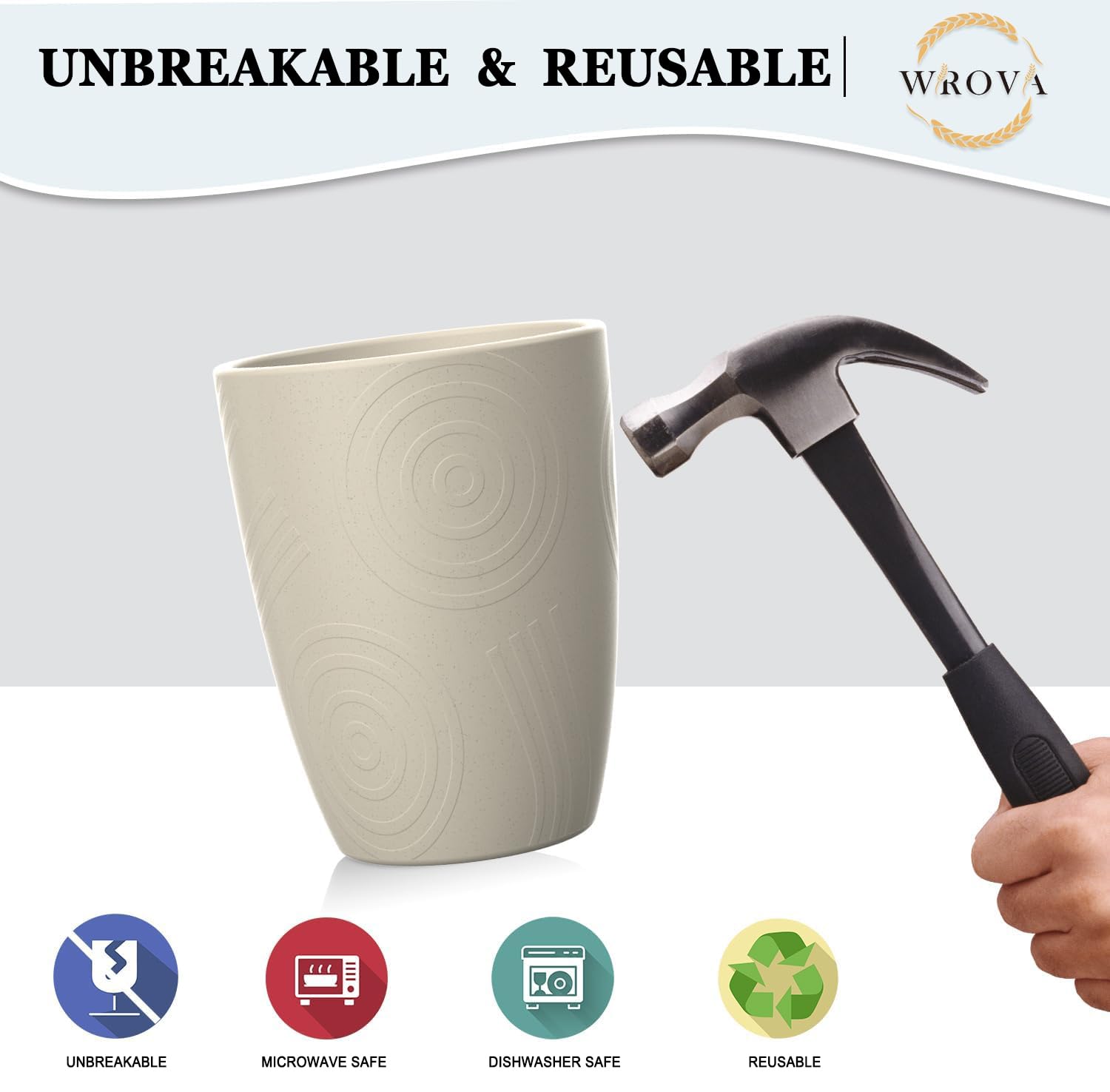 Wrova Set di 8 bicchieri in plastica, riutilizzabili, 350 ml, infrangibili, lavabili in microonde, lavabili in lavastoviglie, colore beige