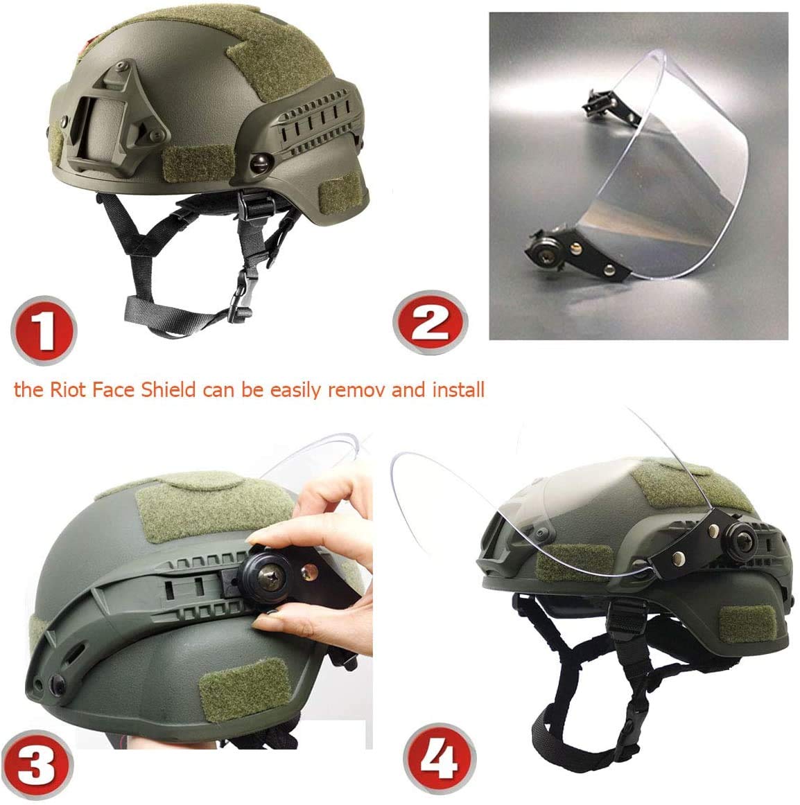 Selewell Airsoft Mich 2000 ACH Casque Tactique avec visière Transparente NVG et Rail latéral