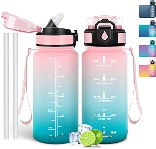 Trinkflasche 500 ml, Auslaufsicher, Wasserflasche BPA-Frei, Motivierende mit Zeitmarkierung, Trinkflasche mit Strohhalm Rosa & Grün