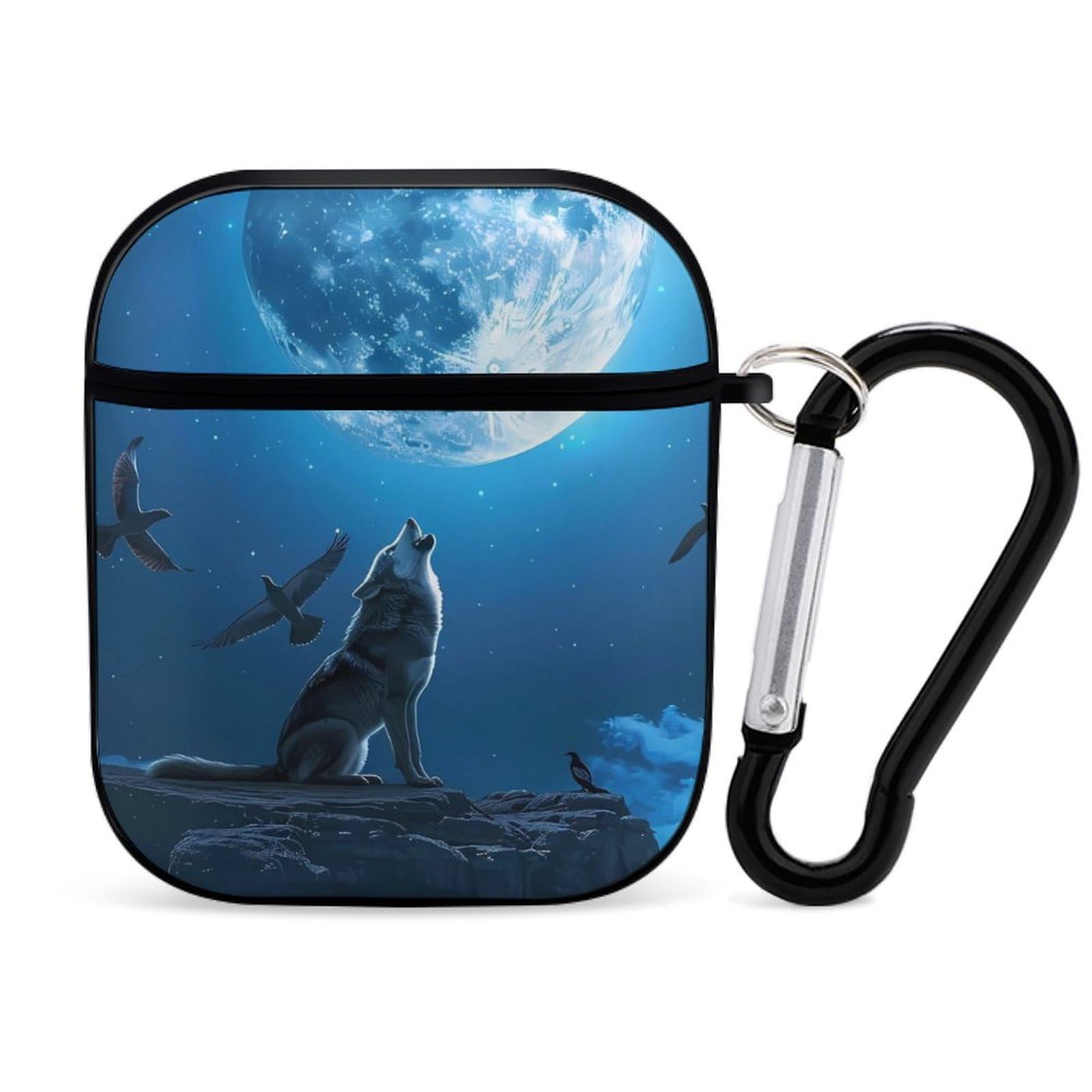 Howling Wolf Moon Print Earbuds Case PC Bluetooth Headphone Case Hard Charger Protective Cover Compatible with Airpods 1/2 Black-Style