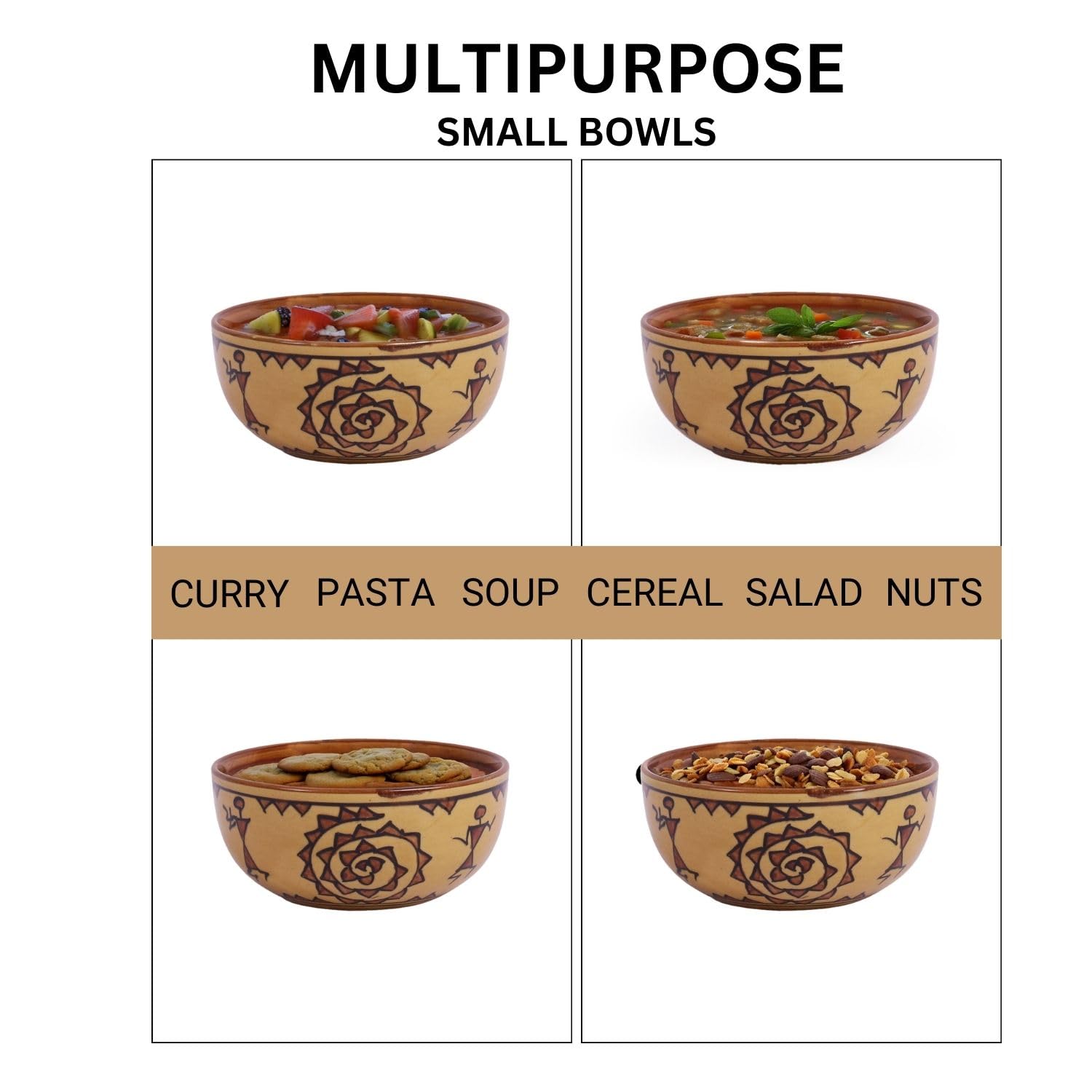 VarEesha Handmade Brown Warli Small Ceramic Snack Bowls Set of 2|Cereal Bowls| Stoneware Serving Bowls| Snack Bowls| Microwave and Dishwasher Safe Lead Free Serving Bowls| 200 ML| Brown 3