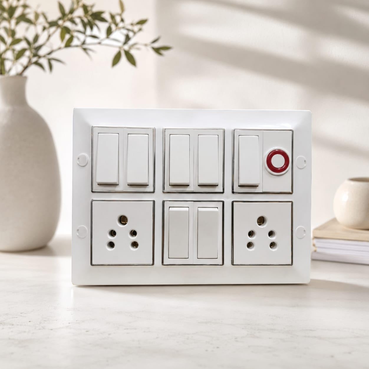 6 Module Modular Electric Switch Board, White, with 2 Power Sockets, Bell Indicator, for Home, Office & Kitchen-picture-31