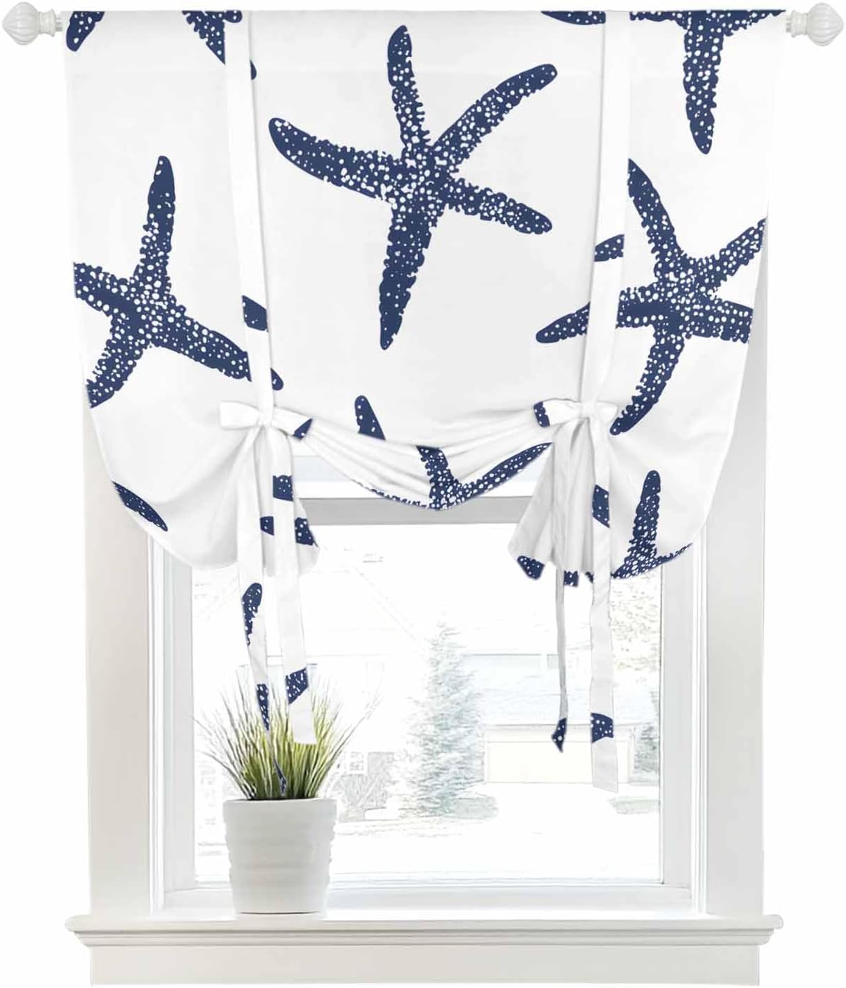 Tie Up Curtain for Windows Starfish Balloon Window Shades for Bedroom Bathroom Adjustable Rod Pocket Marine Life Blue Ocean Window Treatment Curtains Valance for Kitchen 52" W x 63" L