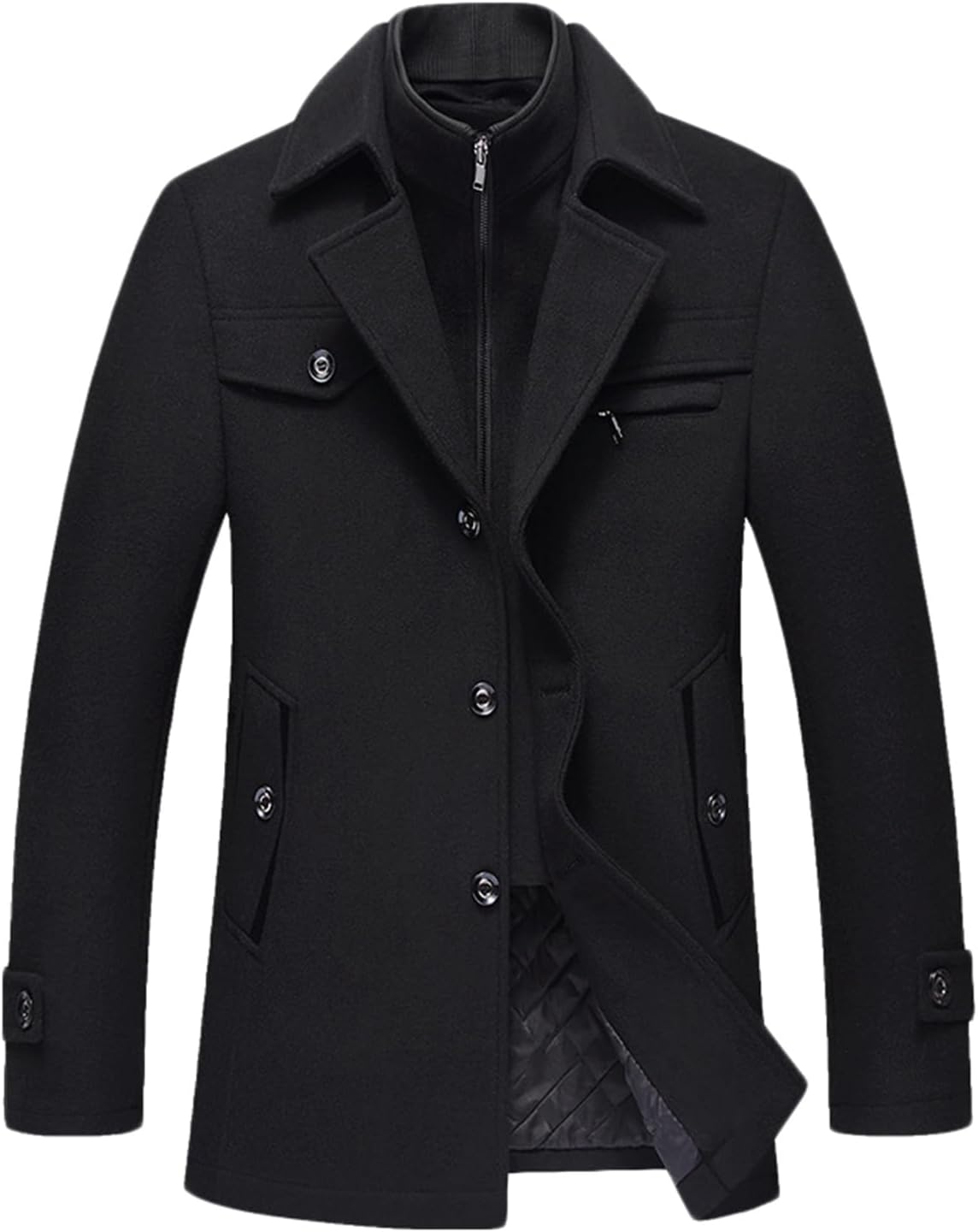 Classic Black Men's Pea Coat with Zip-Up Inner Layer