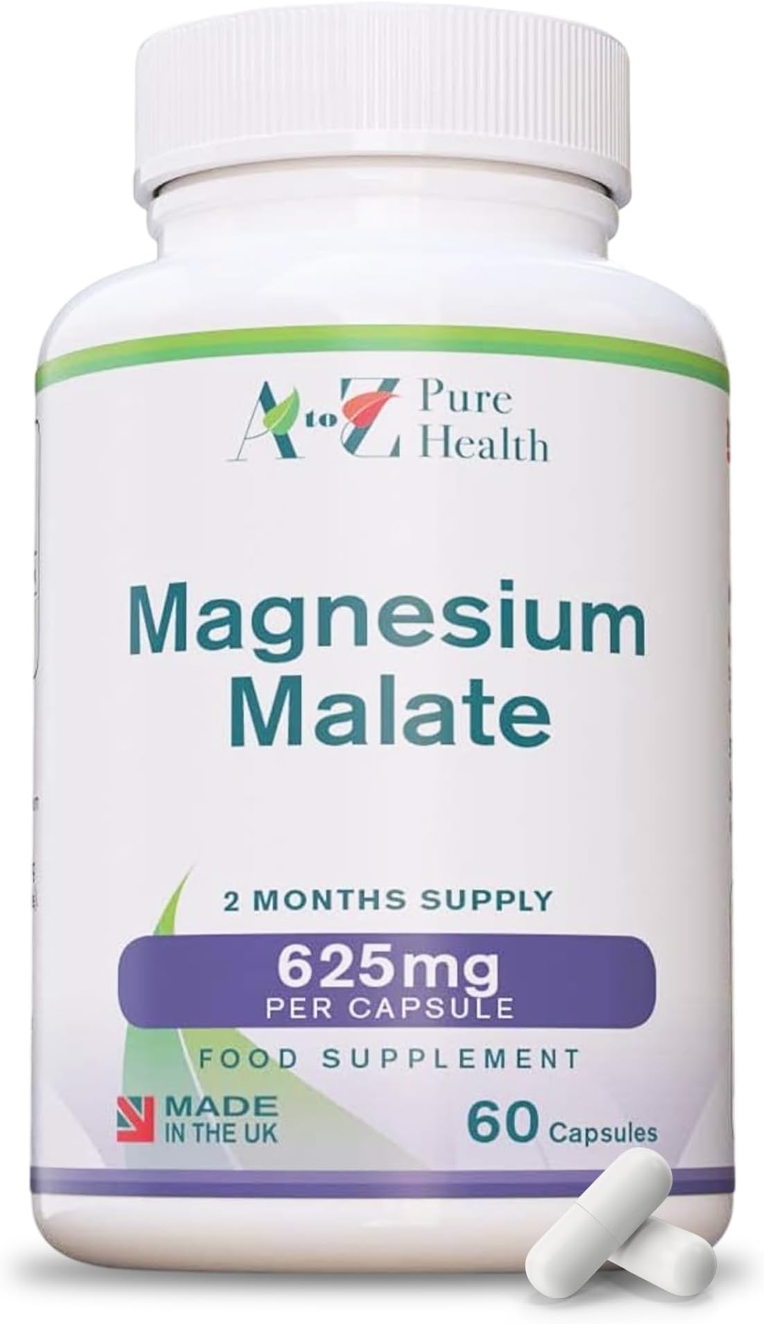 Magnesium Malate Capsules | High Absorption, Premium Magnesium Malate 625mg Supplement | 60 Easy to Swallow Capsules (2 Months Supply) | Supports Energy Levels, Heart Health, Muscle Function | UK Made